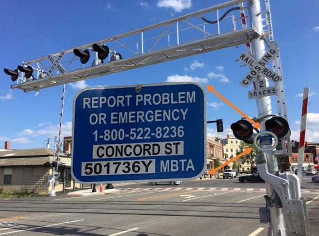 Emergency Notification System sign and location at the Concord Street crossing.