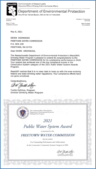 Freetown Water Commission has received the MassDEP 2021 Outstanding Performance and Achievement Award