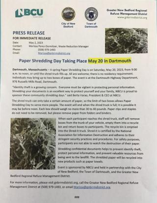 Paper Shredding Event Coming Up May 20th in Dartmouth
