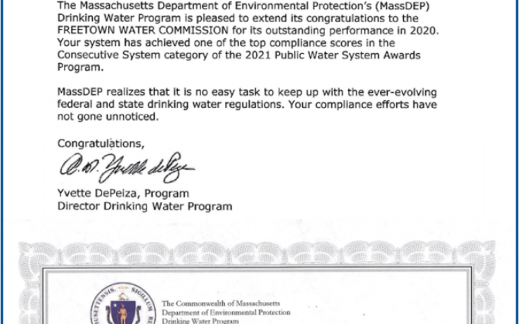 Freetown Water Commission has received the MassDEP 2021 Outstanding Performance and Achievement Award